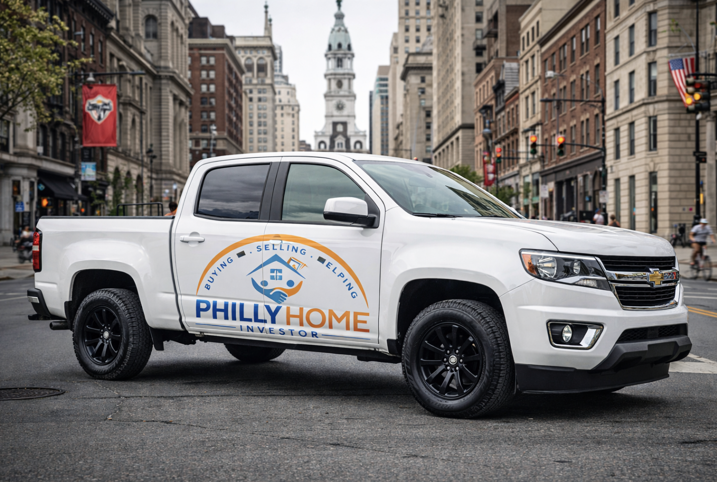 philly-home-investor-truck-philadelphia White pickup truck with Philly Home Investor logo parked in Philadelphia