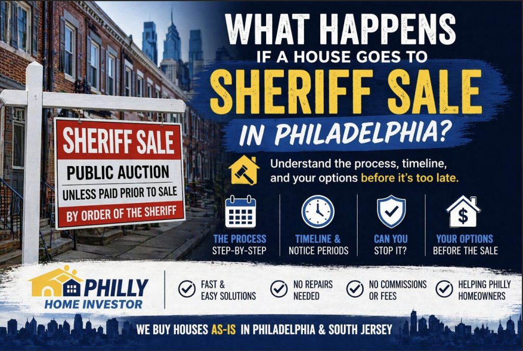 Sheriff sale sign in Philadelphia explaining foreclosure process and homeowner options before auction