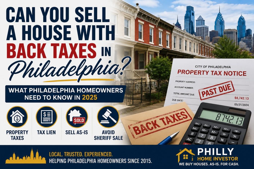 Philadelphia homeowner reviewing unpaid property tax notice while exploring options for selling a house with back taxes