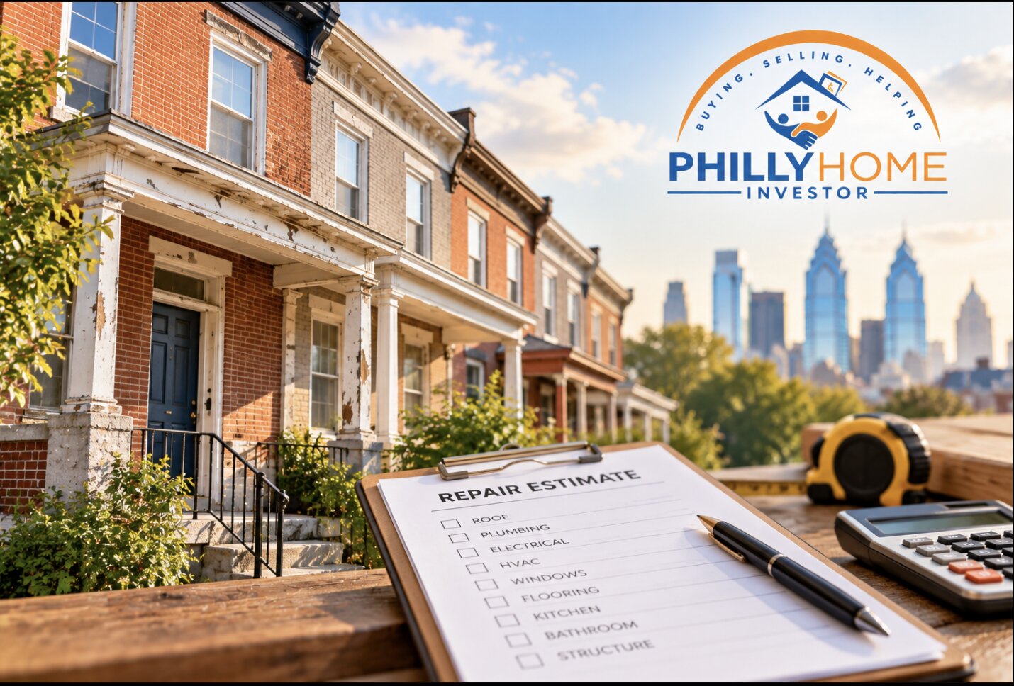 Philadelphia rowhome needing repairs with a repair estimate showing common home improvement costs.