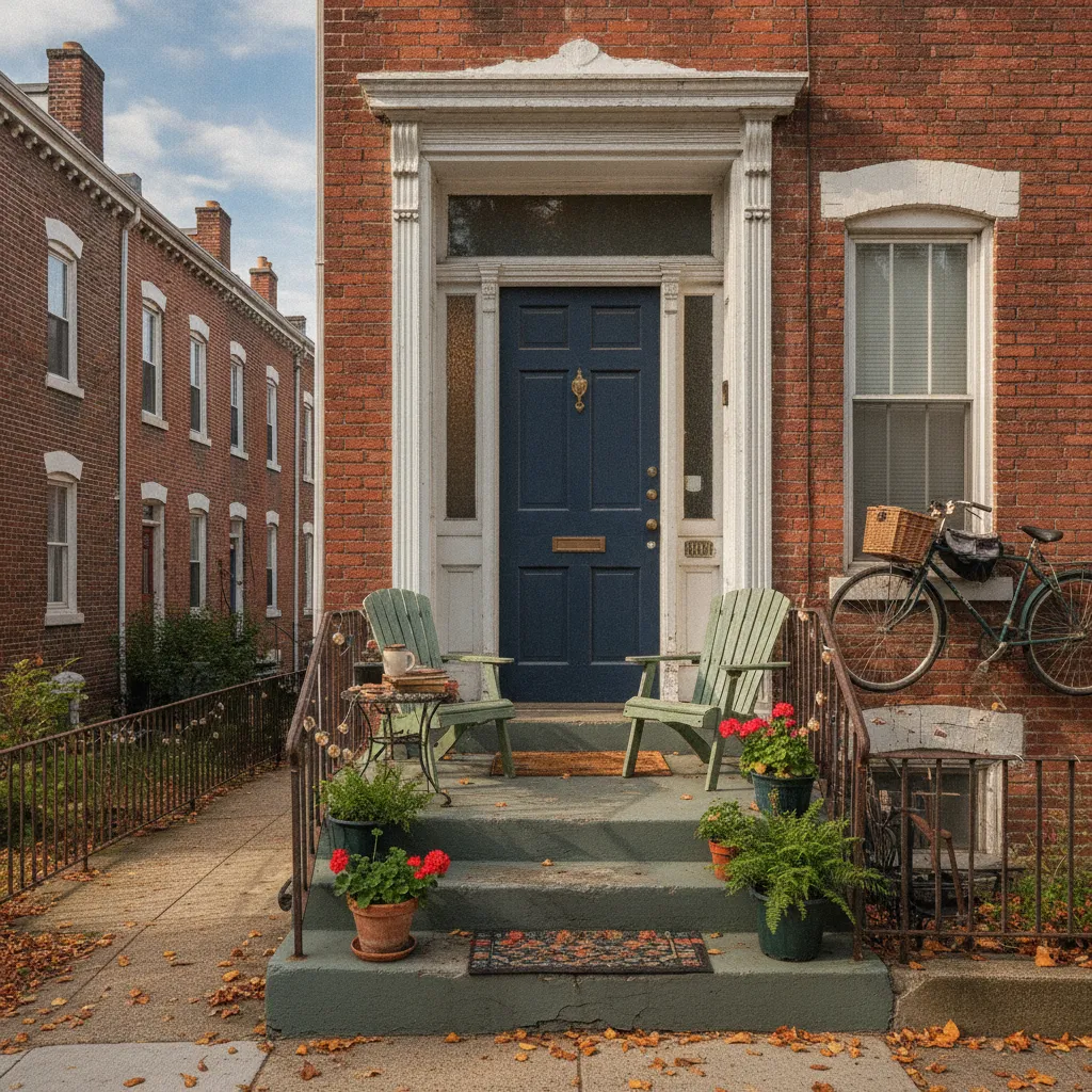 A classic brick rowhouse on a residential street in Philadelphia